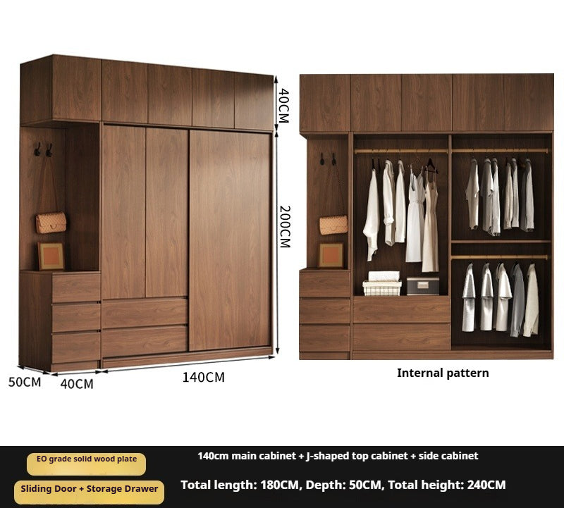 Walnut Sliding Door Wardrobe – Solid Wood Closet for Bedroom Storage & Kids' Clothes