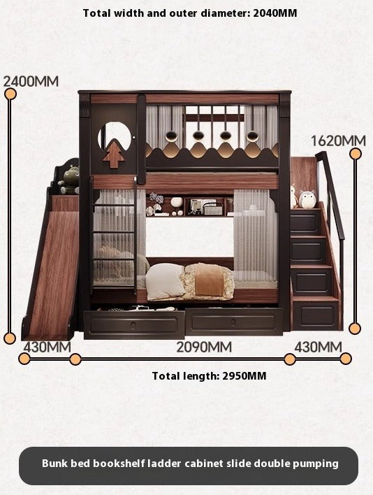 Elegant Antique-Style Bunk Bed with Bookshelf, Drawers, Staircase, and Slide - New