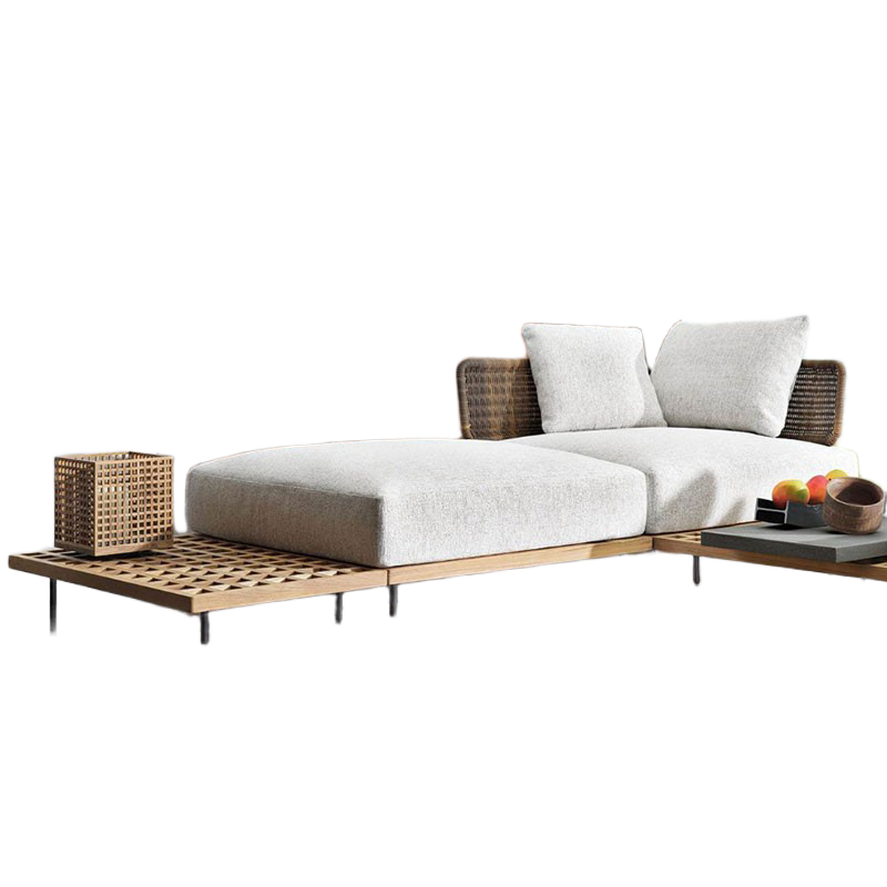 Outdoor Teak & Rattan Sofa Set with Coffee Table, Sunbrella Fabric & Quick-Dry Foam for Villa Garden & Patio