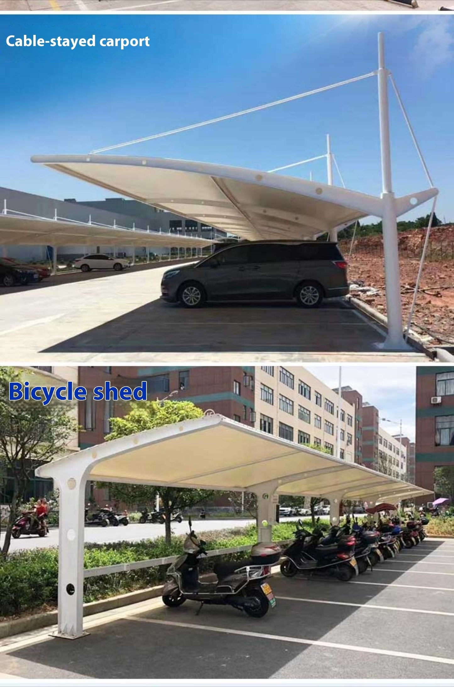Tension Membrane Carport & Shade Structure for Parking, Charging Stations & Bike Shelters