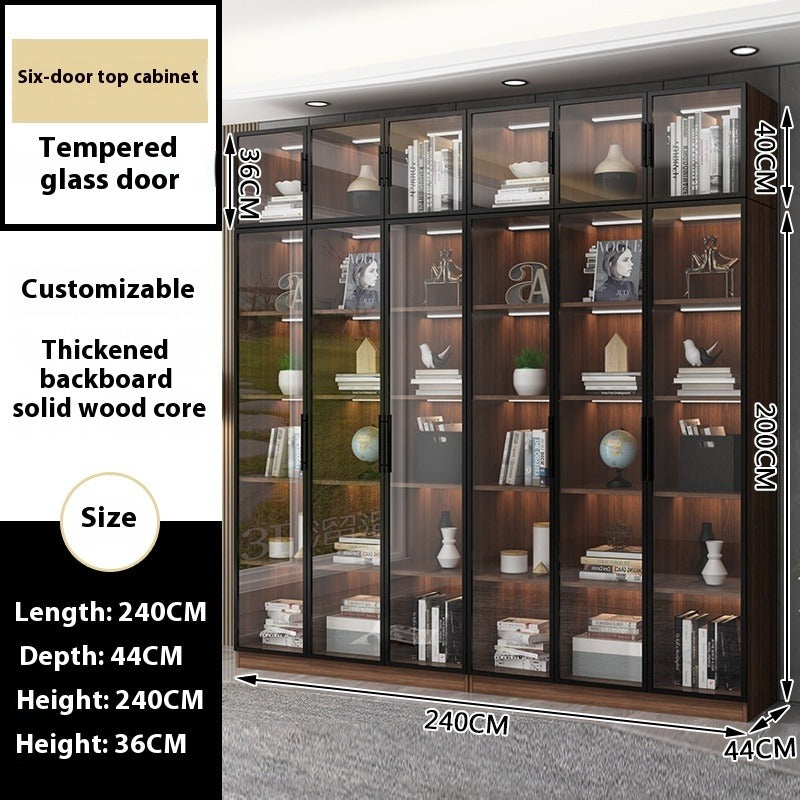Custom Full-Wall Solid Wood Bookshelf – Floor-to-Ceiling Display Cabinet with Glass & Solid Doors for Study Room