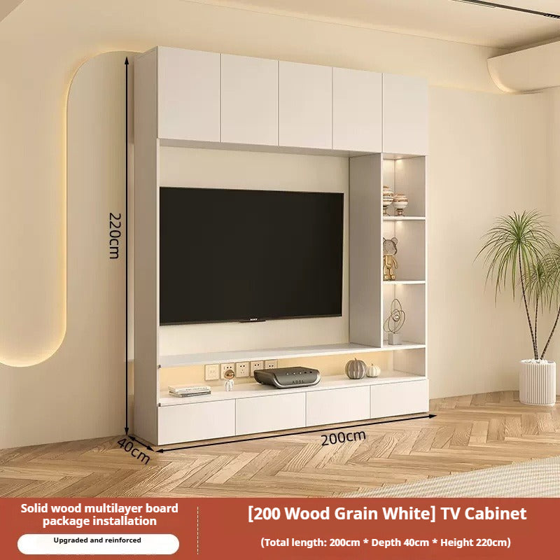 Solid Wood TV Cabinet Set – Cream-Style All-in-One Media Wall Unit with Storage for Living Room