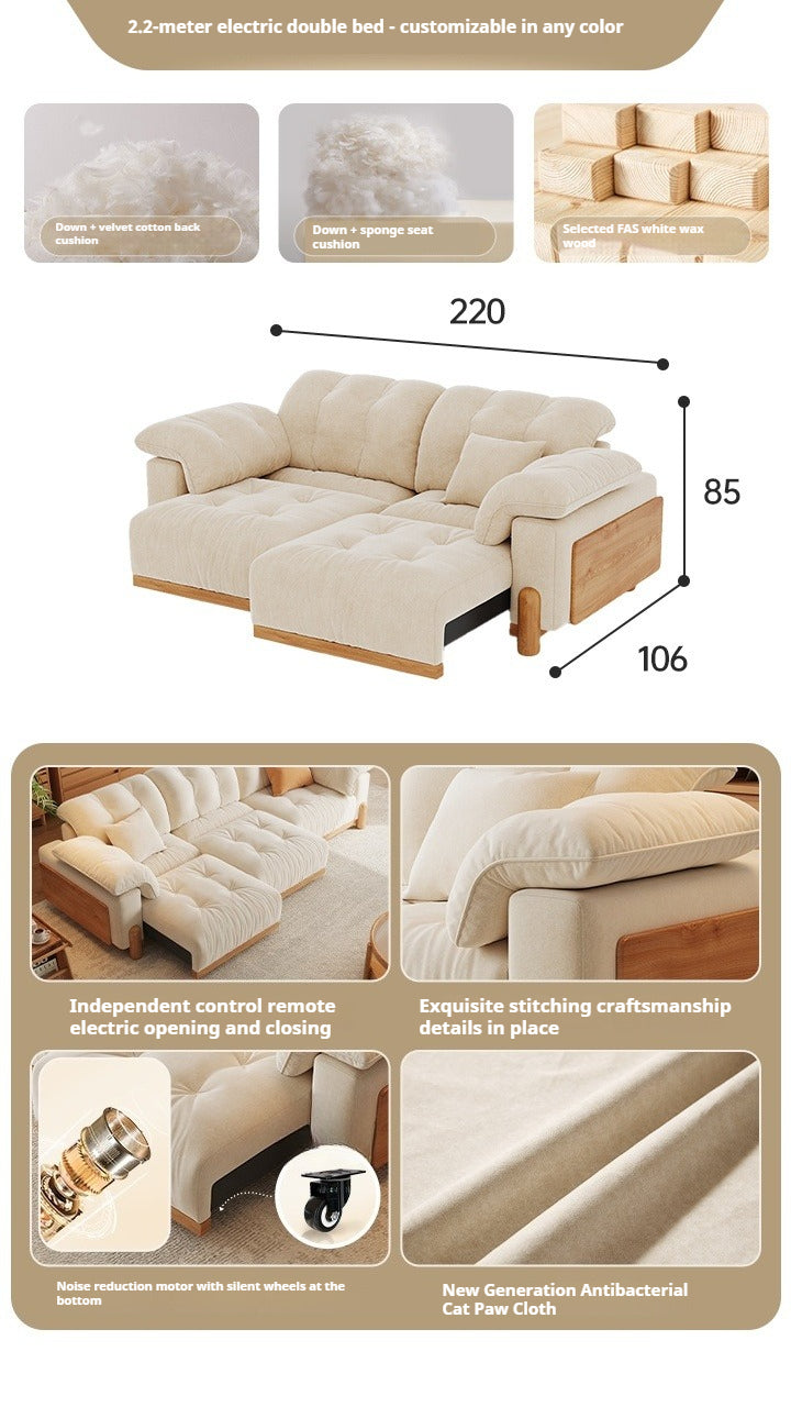 Electric Extendable Fabric Sofa Bed in Japandi Cream Style with Wood Frame for Small Living Rooms