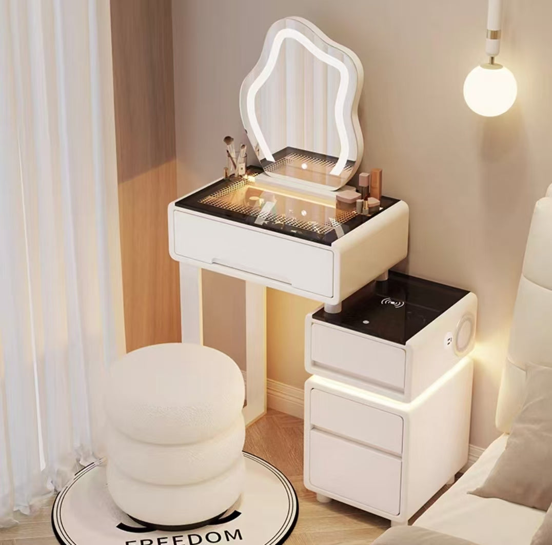 Cream Style Vanity with Cloud Mirror & Integrated Dresser for Small Modern Bedrooms