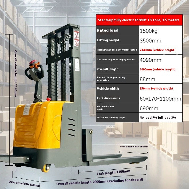 Compact Full Electric Forklift Stacker with Hydraulic Lift for Loading, Unloading & Pallet Handling