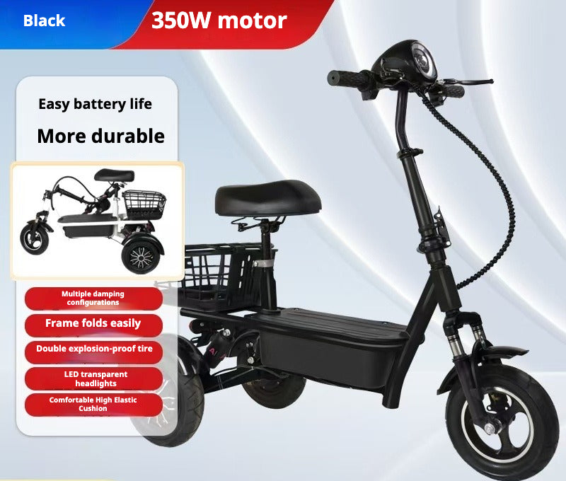 Compact 2-Seater Electric Trike E-Bike with 350W Motor, Lithium Battery, and Foldable Design - New