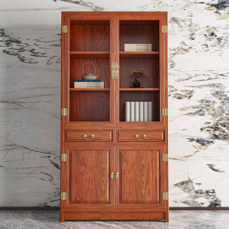 Chinese-Style Solid Wood Bookshelf - Elm Carved Storage Cabinet with Doors for Study or Office
