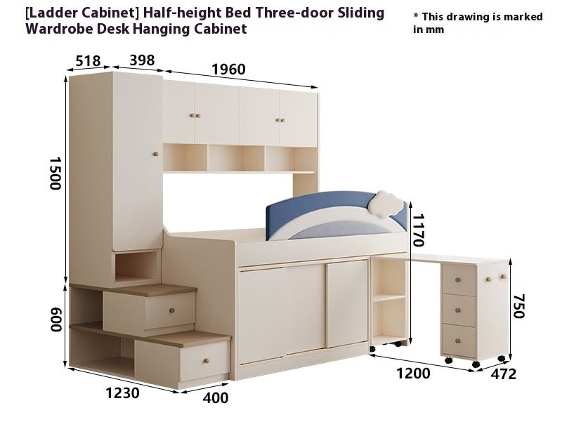 Elegant Kids Half-Height Bunk Bed with Desk, Bookshelf, and Storage - New