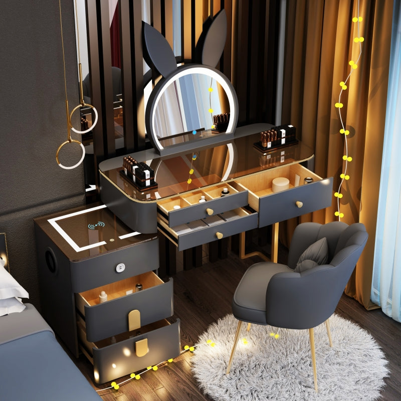 Smart Vanity Table with Wireless Charging & LED Mirror – Modern Minimalist Design, Includes Storage & Stool