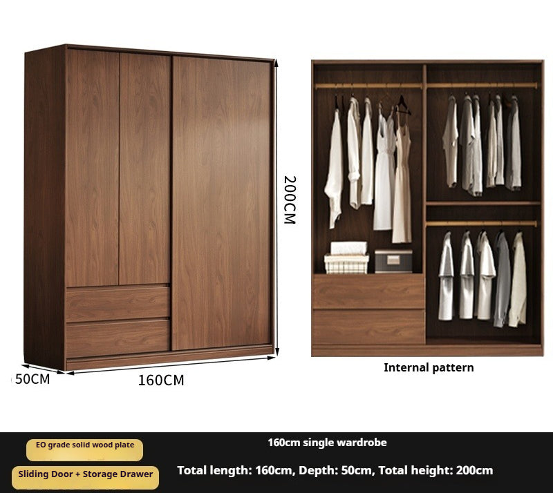 Walnut Sliding Door Wardrobe – Solid Wood Closet for Bedroom Storage & Kids' Clothes