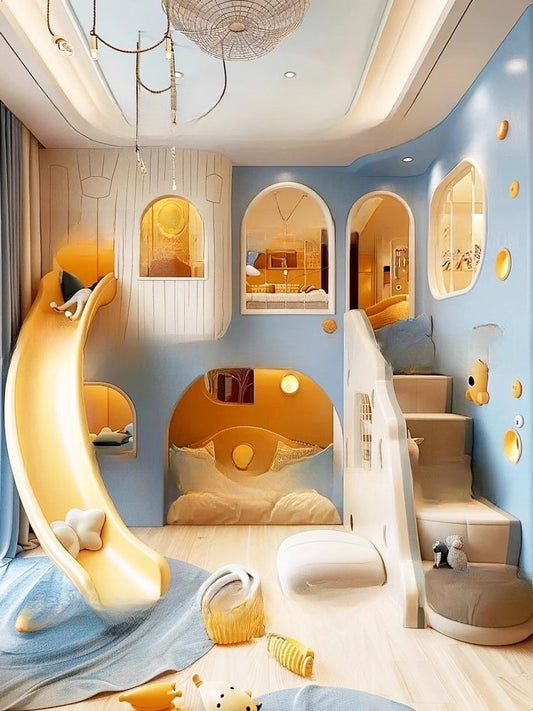 Double Bunk Bed with Castle Design, Solid Wood Slide, and Customizable Playhouse for Kids
