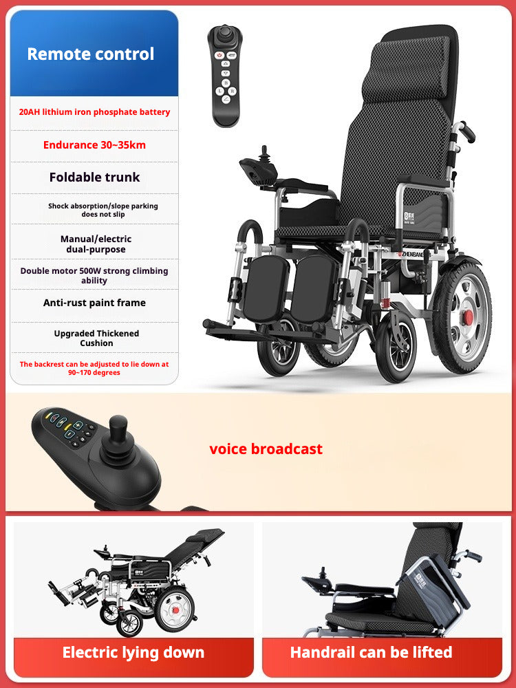 Elegant All-Terrain Electric Wheelchair with Remote Control, Voice Broadcast, and Thick Seat - 20AH Lithium, Metal Hubs, Extended Range Mobility Aid