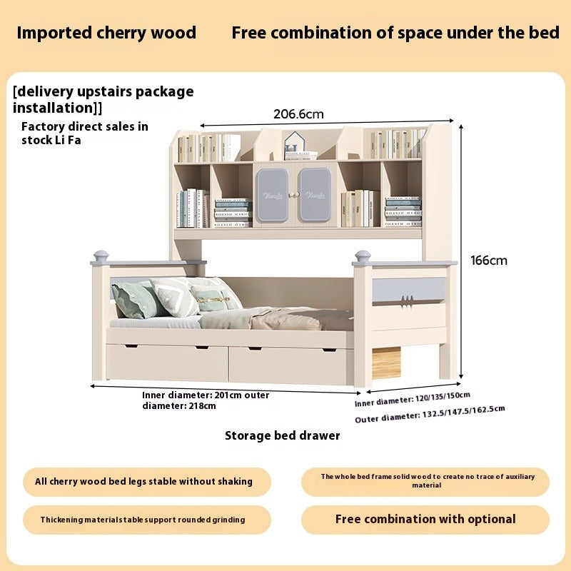 Elegant Cherry Wood Kids' Bed with Integrated Wardrobe and Storage - New