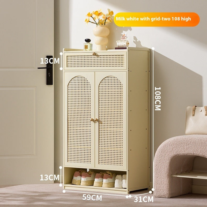 Cream-Style Entryway Shoe Cabinet – All-in-One Ventilated Storage with Mesh Doors for Living Room Divider Use