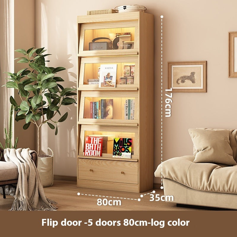Walnut Glass Door Bookshelf with LED – Modular Dustproof Floor Cabinet for Home Display & Storage