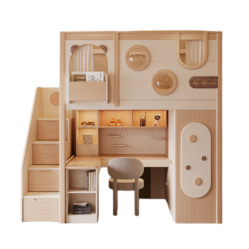 Elegant High-Grade Wood Loft Bed with Desk, Bookshelf, Wardrobe, Slide, and Free Mattress - New