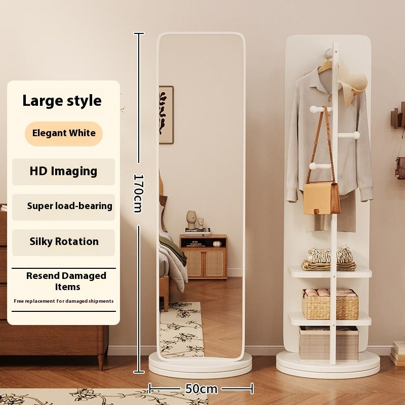 Rotating Full-Length Mirror with Coat Rack – Freestanding Dressing Mirror with Hooks and Wheels for Bedroom Use