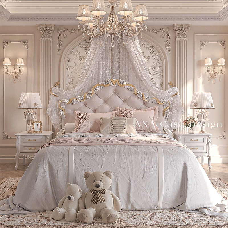 Elegant French-Style Solid Wood Princess Bed with Carved Details for Master Bedroom