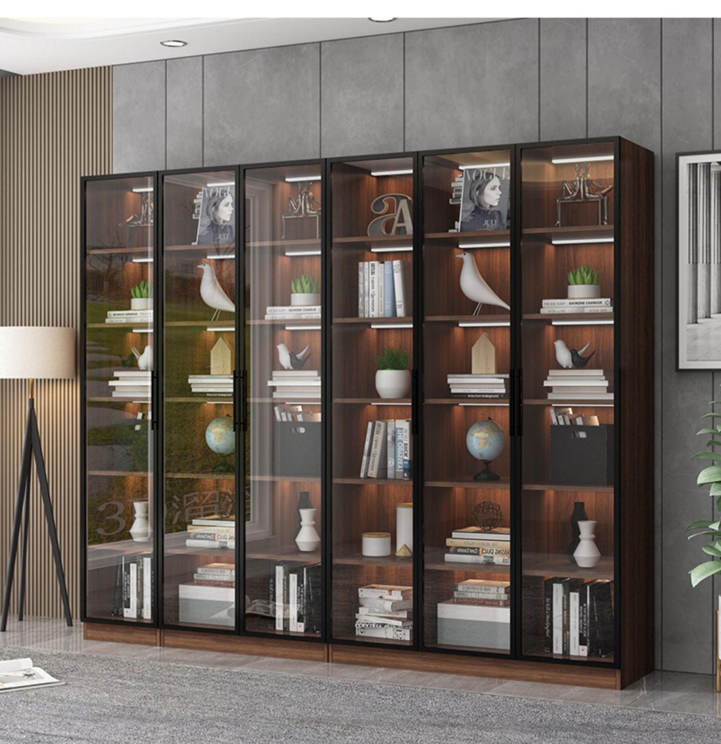 Custom Full-Wall Solid Wood Bookshelf – Floor-to-Ceiling Display Cabinet with Glass & Solid Doors for Study Room