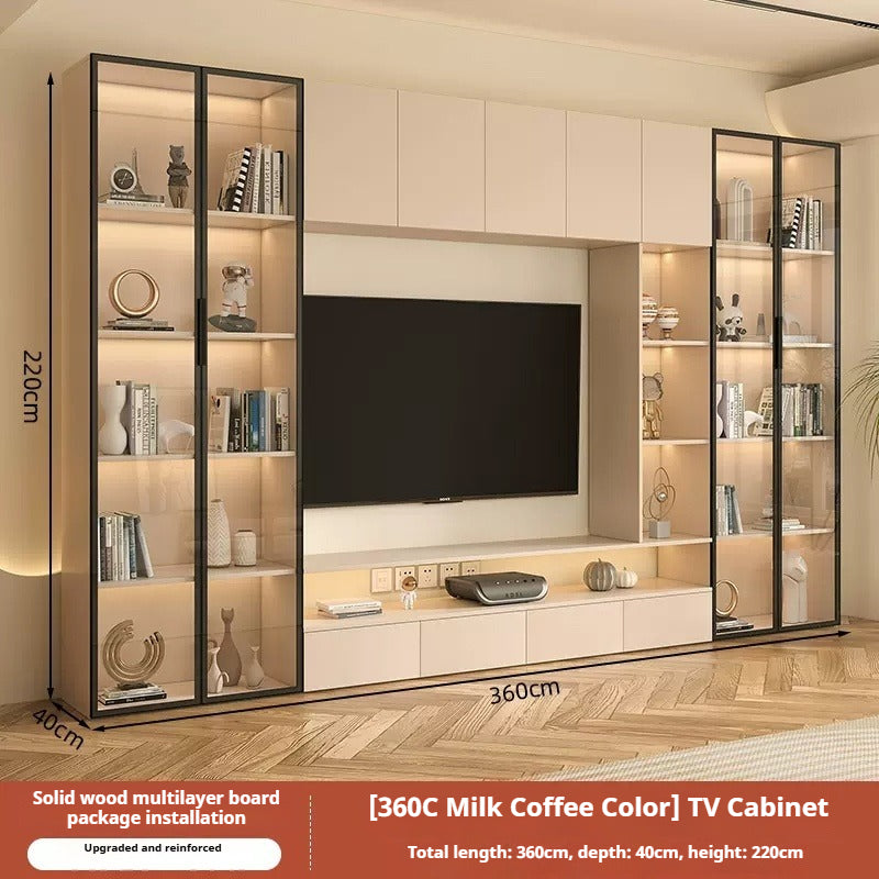 Solid Wood TV Cabinet Set – Cream-Style All-in-One Media Wall Unit with Storage for Living Room
