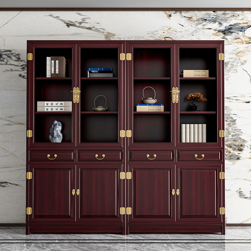 Chinese-Style Solid Wood Bookshelf - Elm Carved Storage Cabinet with Doors for Study or Office