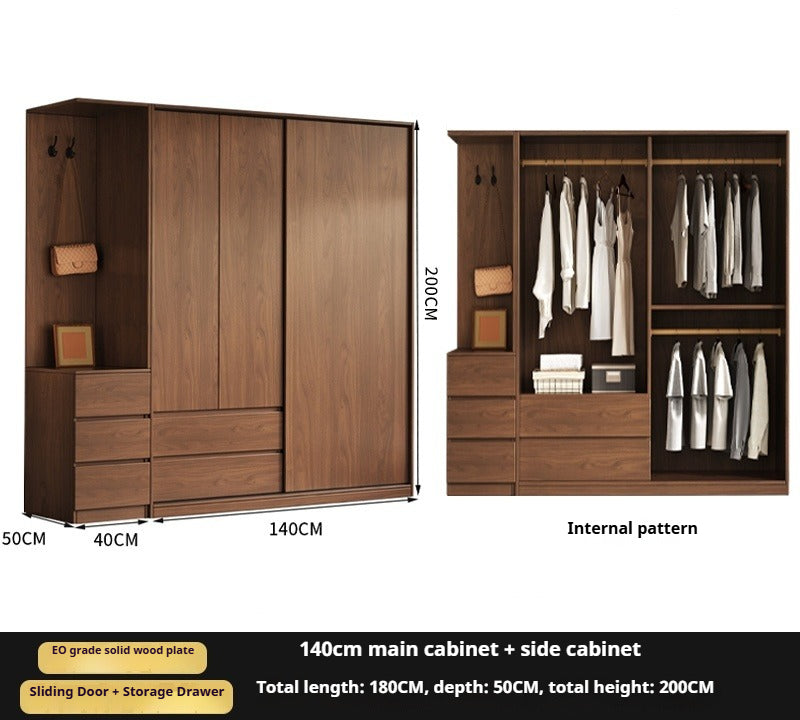 Walnut Sliding Door Wardrobe – Solid Wood Closet for Bedroom Storage & Kids' Clothes