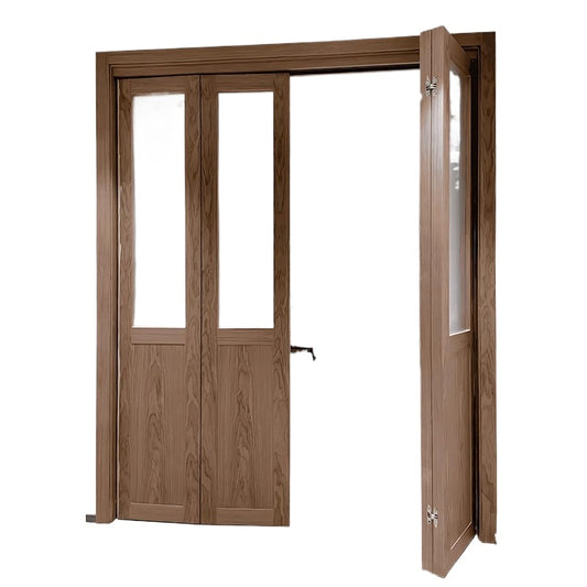 Solid Wood Folding Sliding Door – Minimalist Glass Partition for Bedroom, Balcony & Bathroom with Fluted Glass & Overhead Track