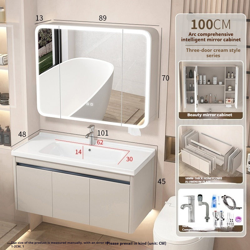 Cream-Style Honeycomb Aluminum Bathroom Vanity – Ceramic Basin Set with Smart Curved Mirror Cabinet & Tissue Slot