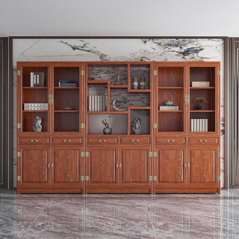 Chinese-Style Solid Wood Bookshelf - Elm Carved Storage Cabinet with Doors for Study or Office