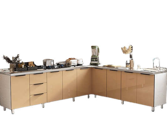 Stainless Steel Kitchen Cabinet with Integrated Stove & Pull-Out Storage for Home Use