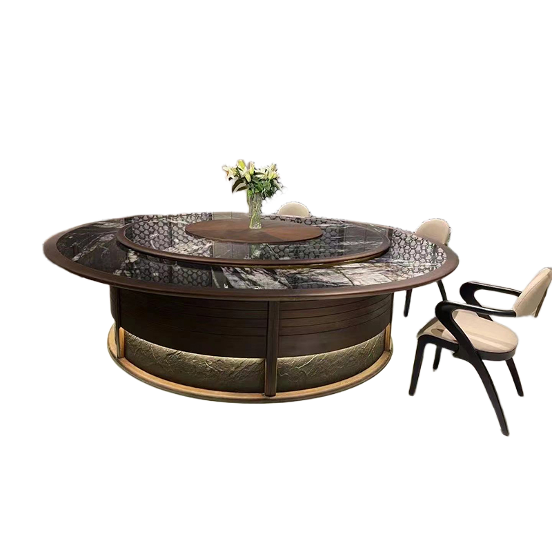 Electric Round Dining Table with Marble Lazy Susan & Solid Wood Base in Modern Chinese Style
