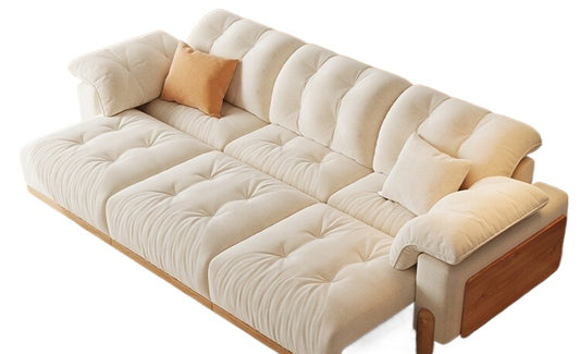 Electric Extendable Fabric Sofa Bed in Japandi Cream Style with Wood Frame for Small Living Rooms