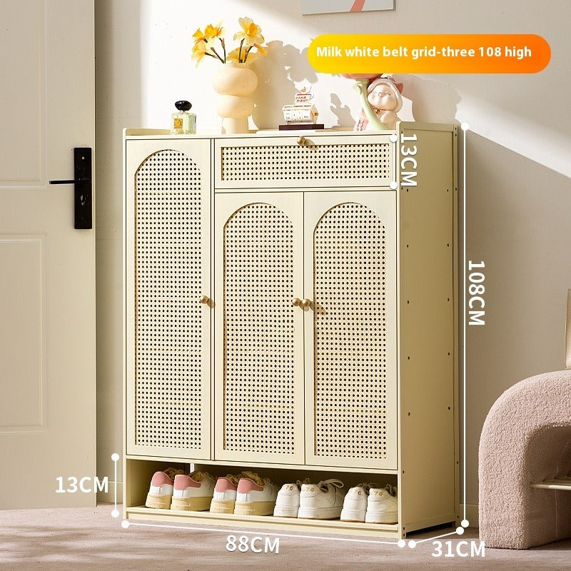 Cream-Style Entryway Shoe Cabinet – All-in-One Ventilated Storage with Mesh Doors for Living Room Divider Use