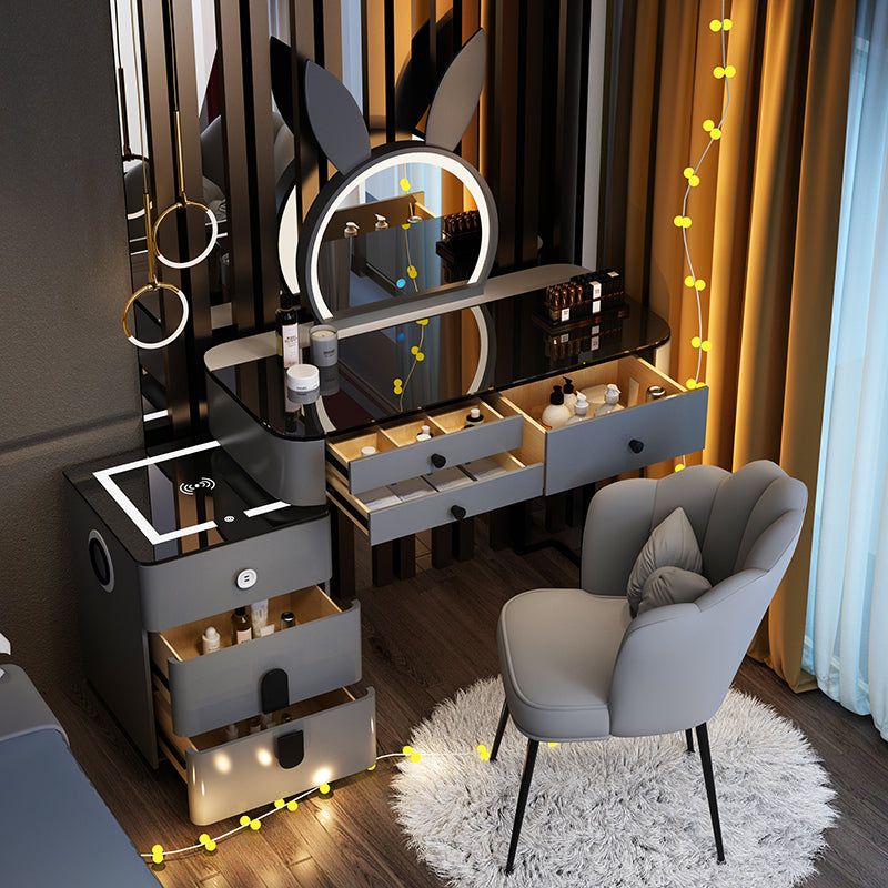 Smart Vanity Table with Wireless Charging & LED Mirror – Modern Minimalist Design, Includes Storage & Stool