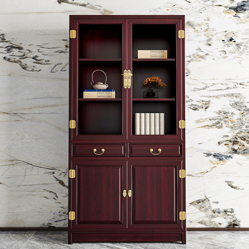 Chinese-Style Solid Wood Bookshelf - Elm Carved Storage Cabinet with Doors for Study or Office