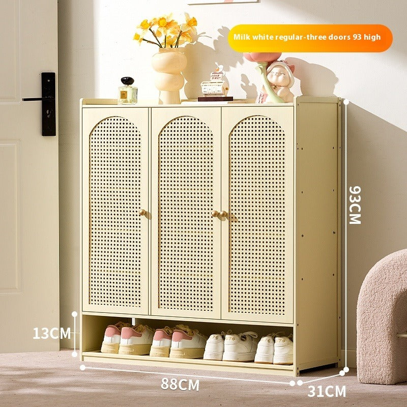 Cream-Style Entryway Shoe Cabinet – All-in-One Ventilated Storage with Mesh Doors for Living Room Divider Use