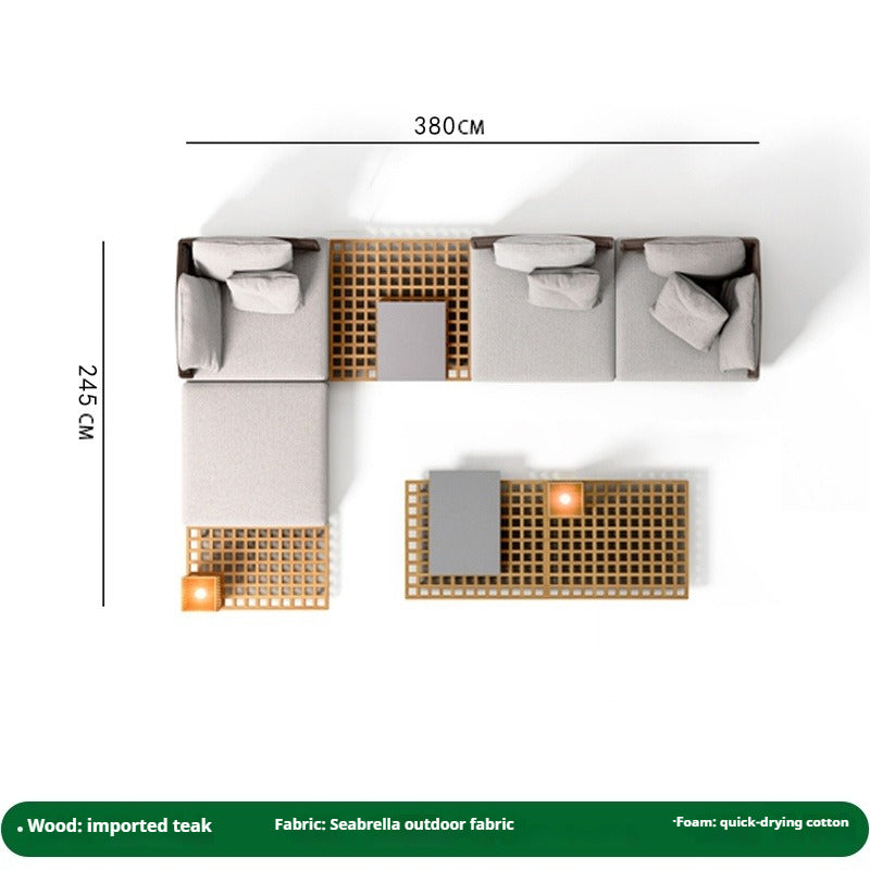 Outdoor Teak & Rattan Sofa Set with Coffee Table, Sunbrella Fabric & Quick-Dry Foam for Villa Garden & Patio