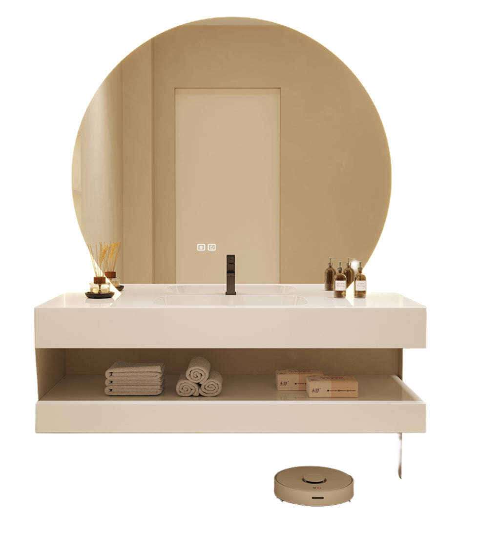 Cream-Style Bathroom Vanity – Seamless Sintered Stone & Ceramic Basin Set with Smart LED Half-Round Mirror