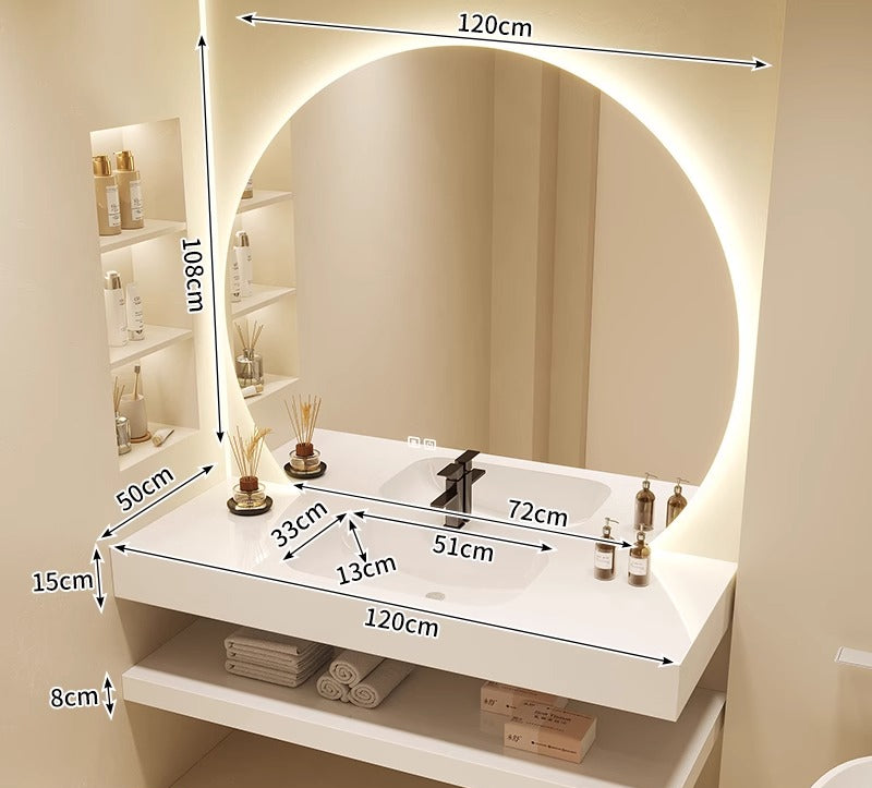 Cream-Style Bathroom Vanity – Seamless Sintered Stone & Ceramic Basin Set with Smart LED Half-Round Mirror