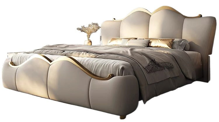 Elegant King-Size Luxury Leather Bed with Gold Accents for Master Bedroom
