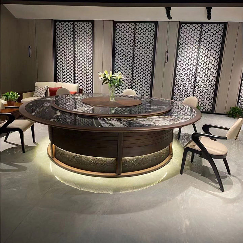 Electric Round Dining Table with Marble Lazy Susan & Solid Wood Base in Modern Chinese Style