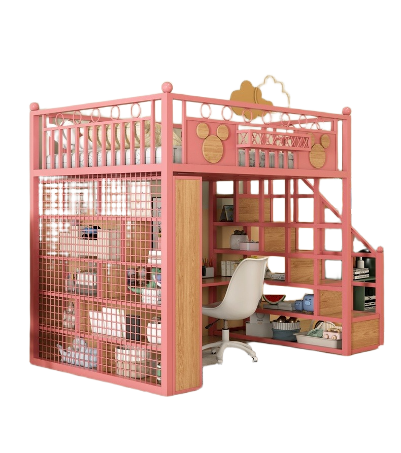 Elegant Double-Decker Metal Loft Bed with Ladder and Under-Bed Desk, Customizable Bedroom Furniture