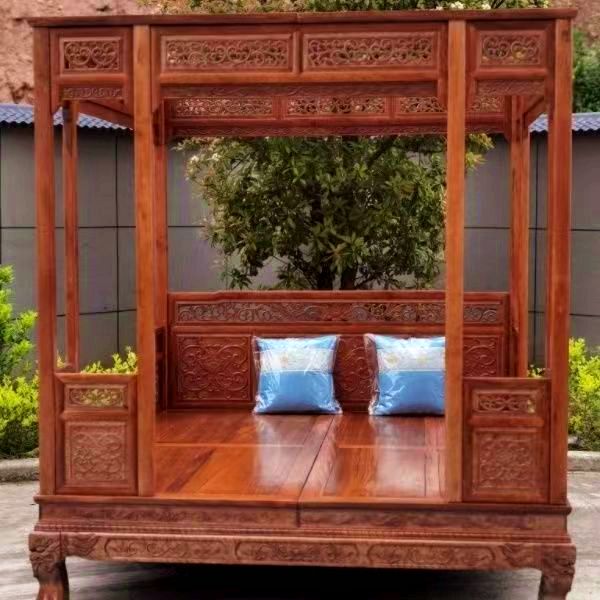 Traditional Chinese Canopy Bed – Antique-Style Carved Rosewood Step Bed in Red Pear or Wood