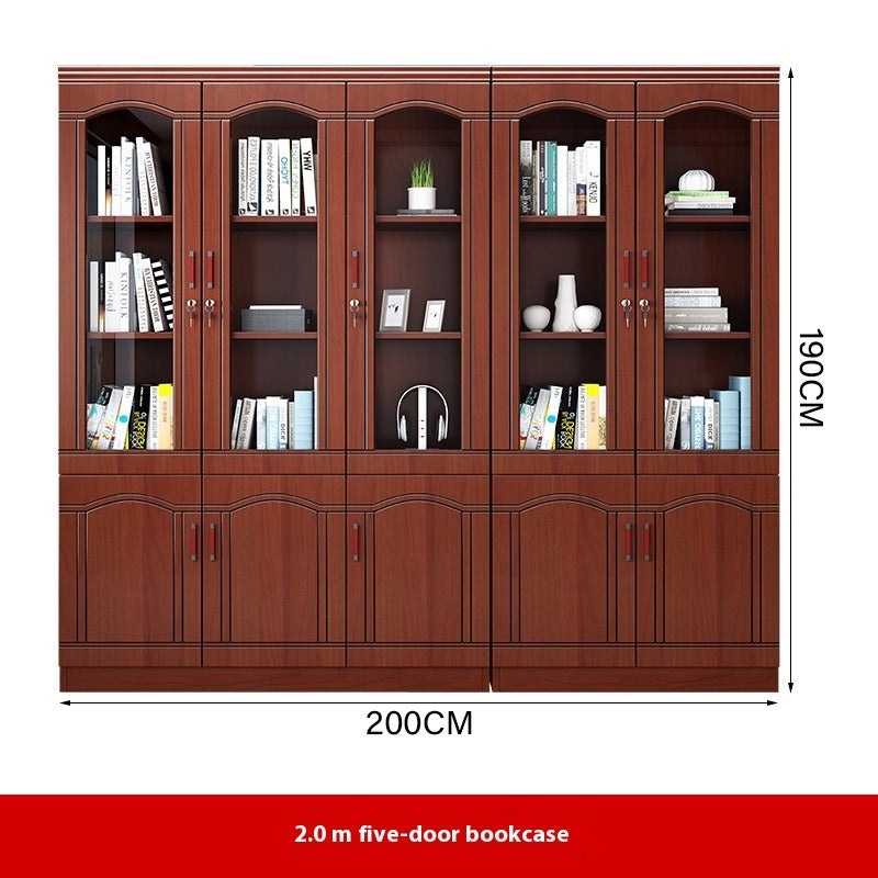 Chinese-Style Solid Wood Office Cabinet – Floor Standing Bookshelf with Glass Doors & File Storage