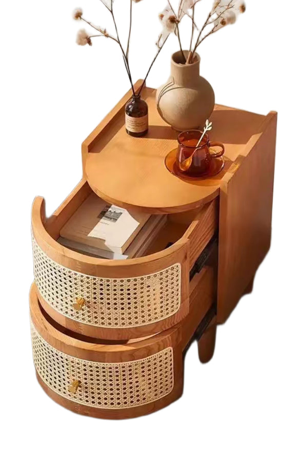 Vintage Japanese-Style Bedside Table – Solid Wood Nightstand with Rattan Design for Bedroom Storage