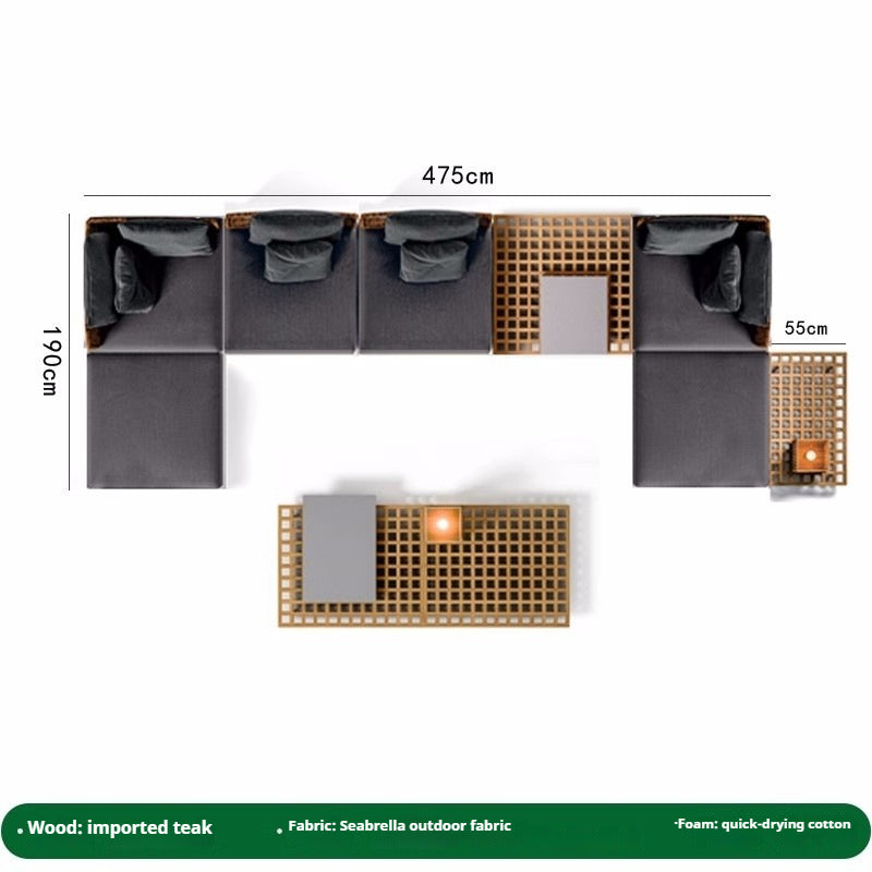 Outdoor Teak & Rattan Sofa Set with Coffee Table, Sunbrella Fabric & Quick-Dry Foam for Villa Garden & Patio