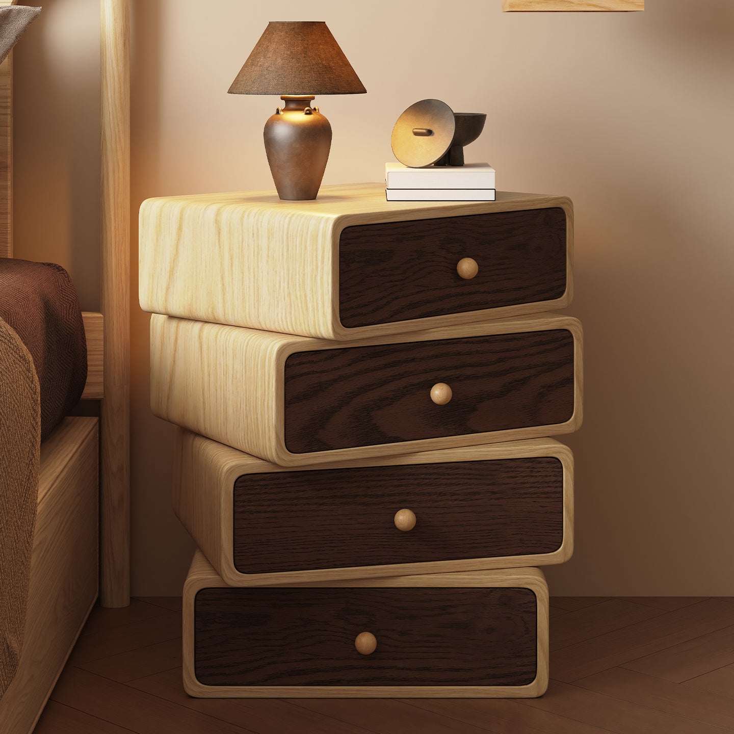 Rotatable Solid Wood Bedside Table – Compact Vintage-Modern Nightstand for Bedroom Storage