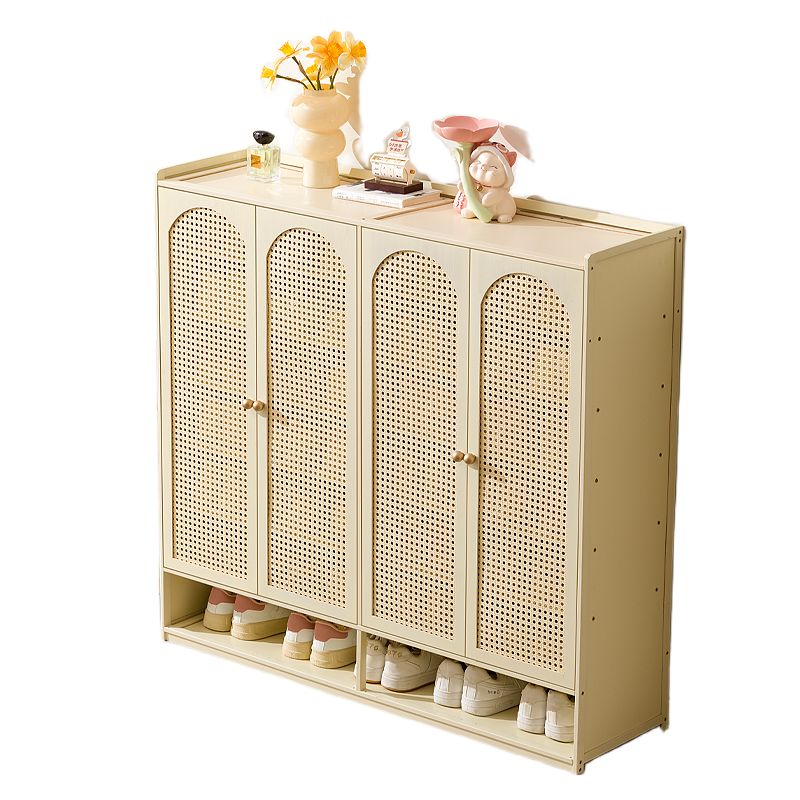 Cream-Style Entryway Shoe Cabinet – All-in-One Ventilated Storage with Mesh Doors for Living Room Divider Use