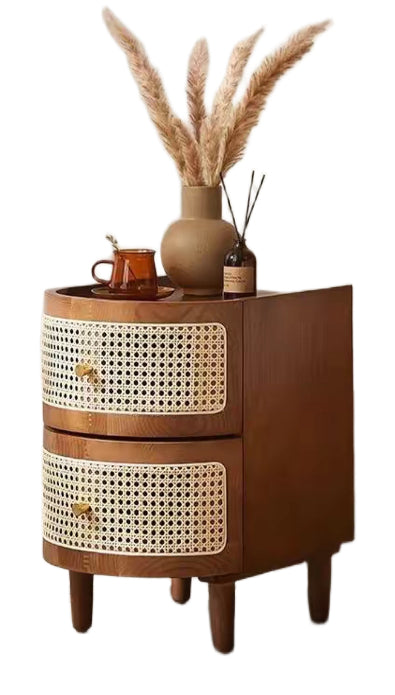 Vintage Japanese-Style Bedside Table – Solid Wood Nightstand with Rattan Design for Bedroom Storage