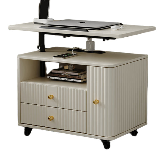 Adjustable Mobile Bedside Table – Cream-Style Multifunction Storage Rack & Laptop Desk with Solid Wood Panels